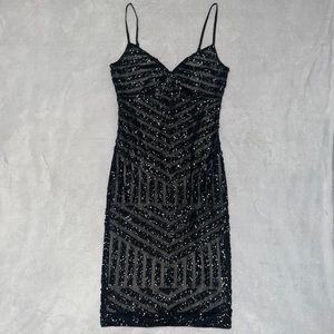 Express black sequins mesh overlay nude bodycon dress